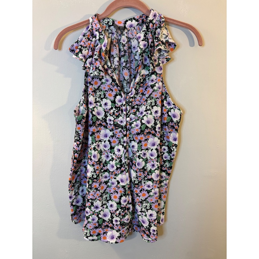 by Anthropologie Black & Lavender Floral Sleeveless Ruffle Neck Top XL